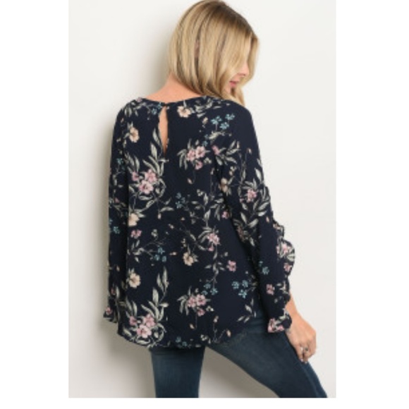 Floral Navy Bell Sleeve Blouse - Picture 4 of 8